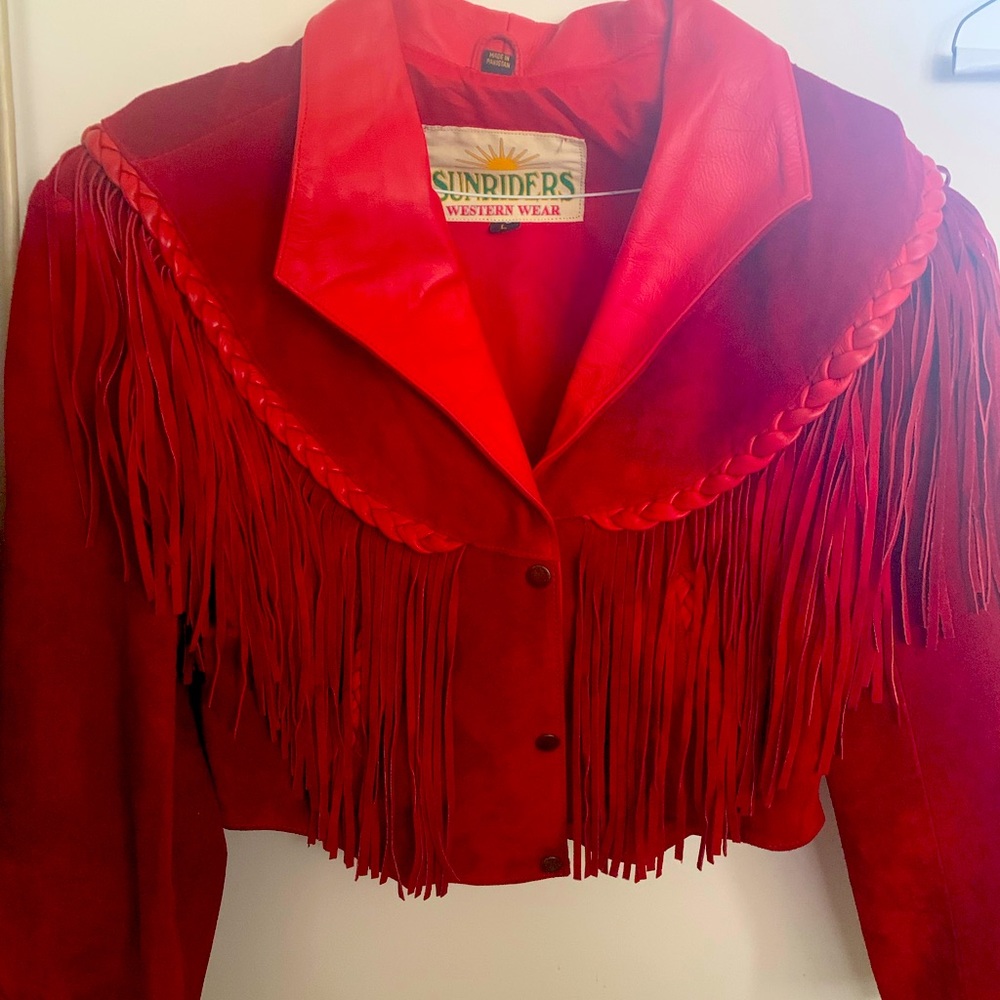 Vintage Red Fringe Cropped Leather Jacket